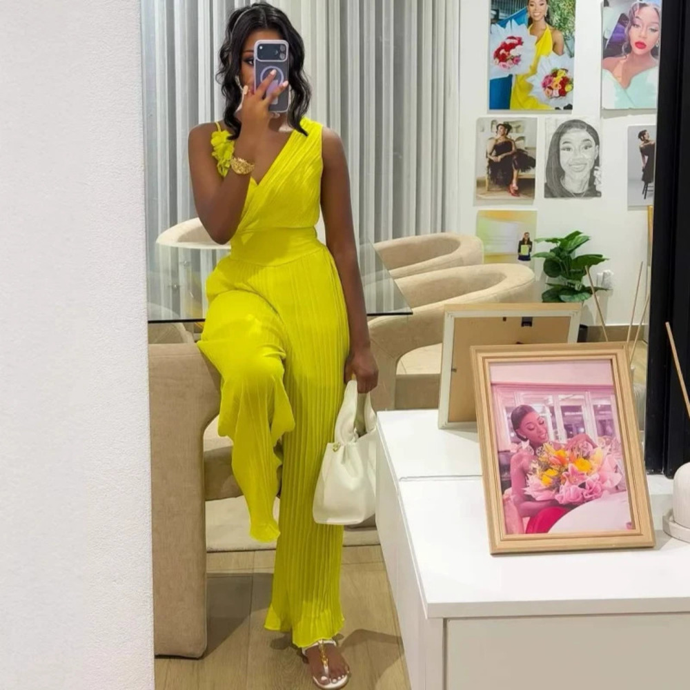 ZARA Trendy African Print High Waist Pleated Jumpsuit Solid Color Collar